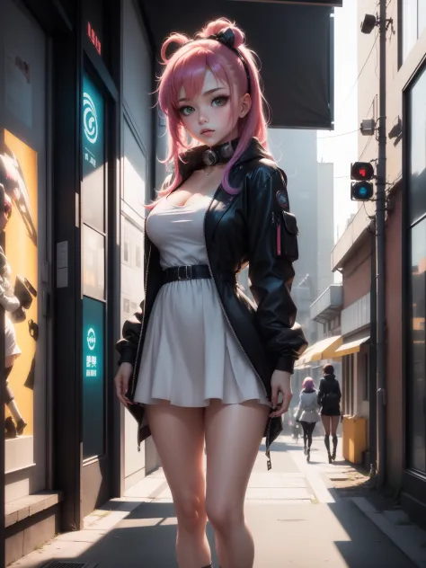 anime girl in a dress and headband standing in front of a building, digital cyberpunk anime art, digital cyberpunk - anime art, ...