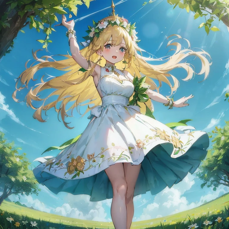 a woman in a white dress is standing in a field, loli in dress, cute anime waifu in a nice dress, splash art anime loli, goddess of summer, mana in the air, anime goddess, blonde anime girl with long hair, the goddess of summer, cushart krenz key art feminine, detailed key anime art