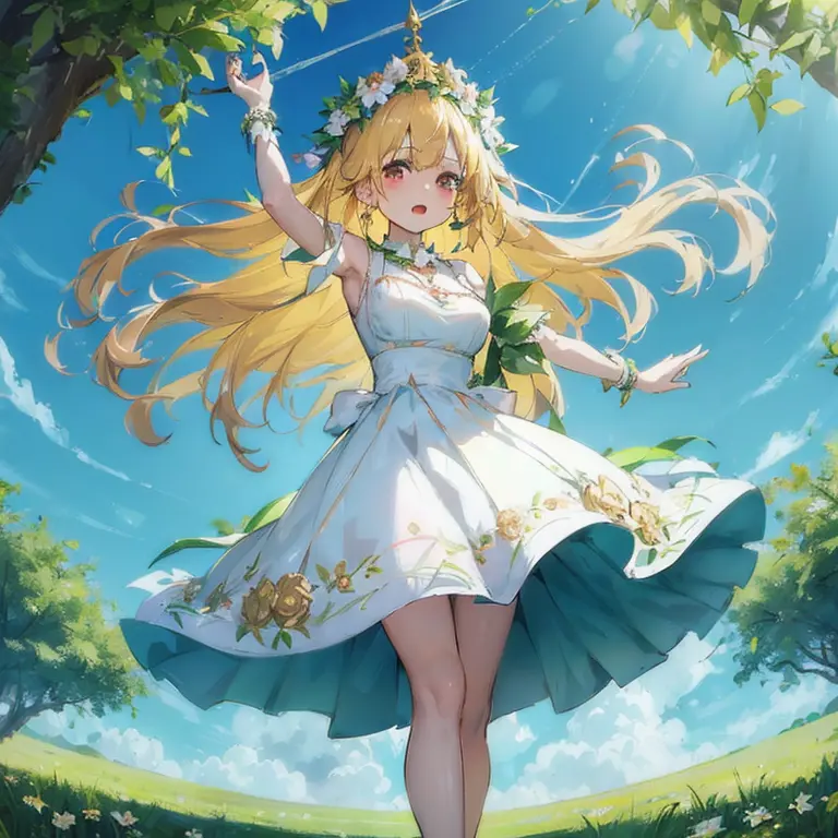 a woman in a white dress is standing in a field, loli in dress, cute anime waifu in a nice dress, splash art anime loli, goddess...