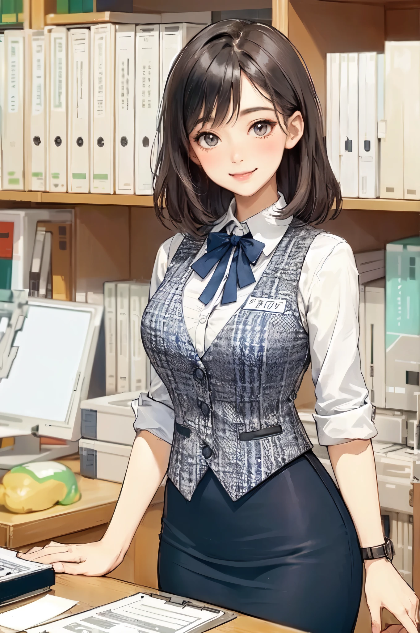 1lady standing, office worker, receptionist, (vest with white and gray checks:1.2) (navy pencil skirt) bowtie, mature female, /(black hair/) bangs, blush kind smile, (masterpiece best quality:1.2) delicate illustration ultra-detailed, large breasts BREAK (modern office indoors), window cityscape, detailed background