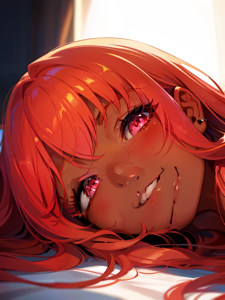 Anime girl with red hair laying on bed with eyes open - SeaArt AI