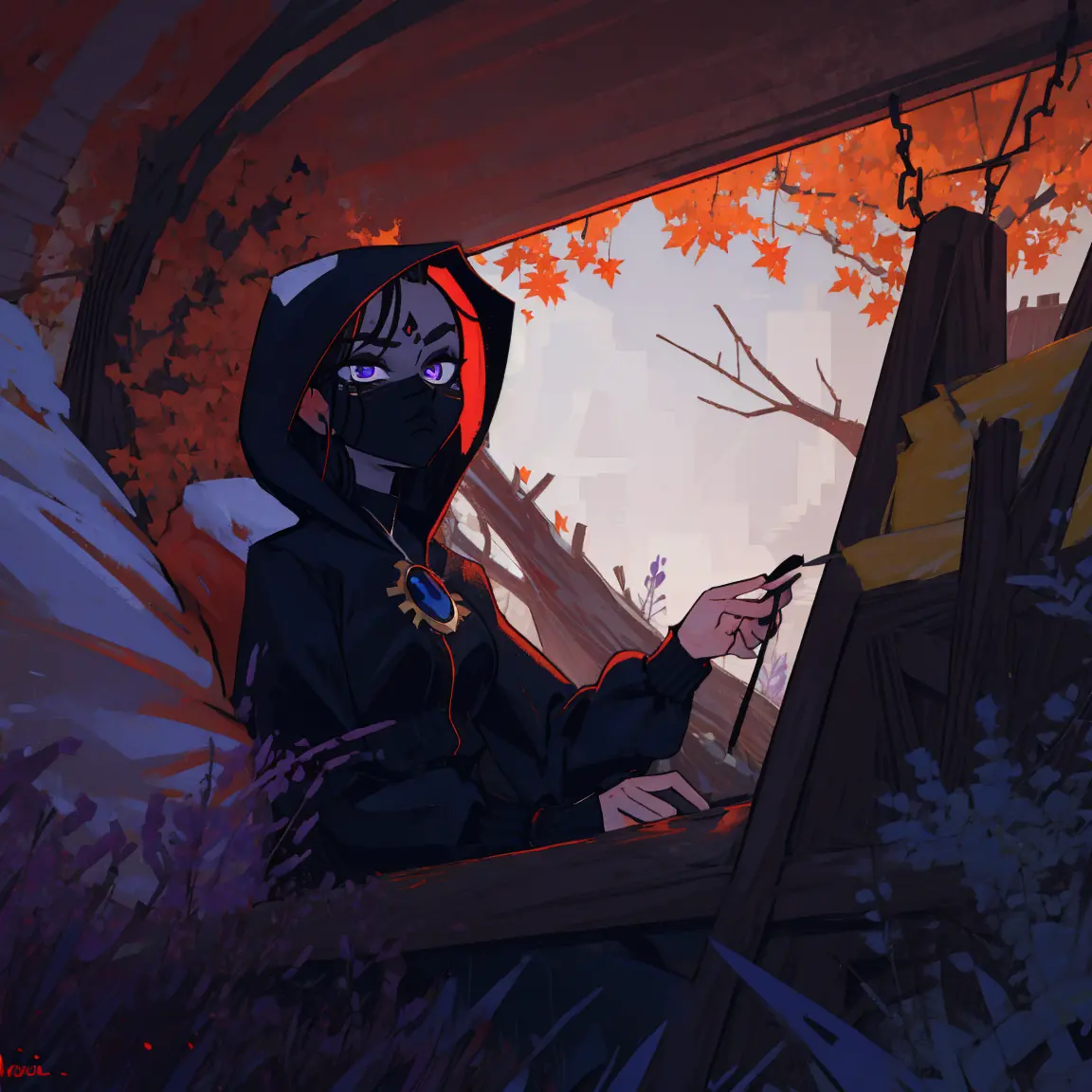 Raven,  titans, hooded, goth girl, autumn forest background, detailed, detailed, detailed, beautiful, detail, goth girl, masterp...