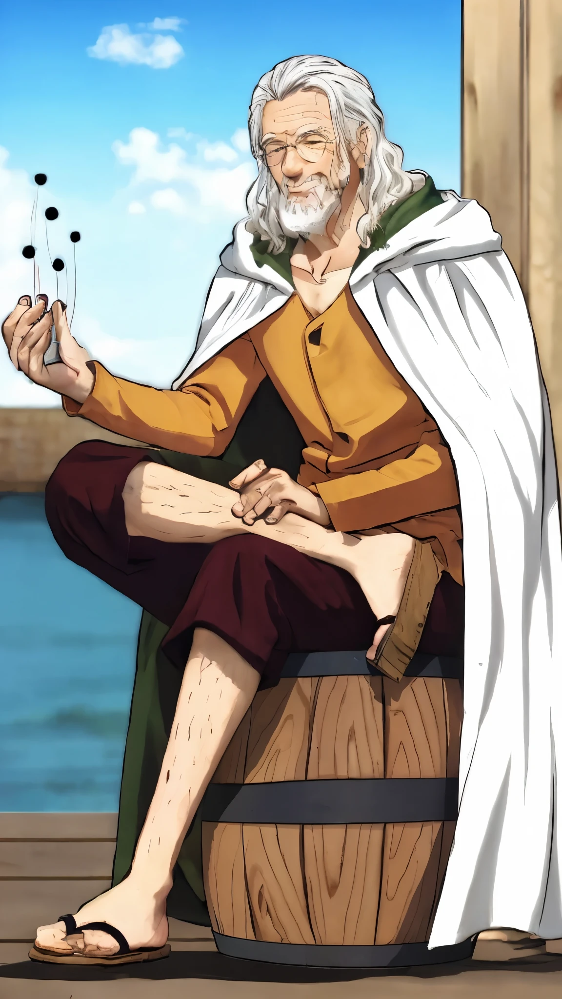 (masterpiece), (realistic), (ultra detailed), ( high reest quality), (photorealistic), (perfect face), (perfect anatomy), (((old man))), (((muscular))), (((male))), solo, (((50 years old))), Silvers Rayleigh from one piece, Silvers Rayleigh, white hair, long wavy hairstyle, a few strands of hair to the fore, wearing round glasses, wearing a long brown shirt, wearing a white robe and the inside of the robe is dark green, the character's facial expression is happy, wearing maroon pants, wearing wooden sandals, the character's right hand is throwing 5 bullets, the character's left hand is leaning on the character's right leg, the character is sitting on a wooden barrel, the character is sitting on a wooden barrel and his right hand is throwing several bullets, behind the character is a pole wood and blue sky