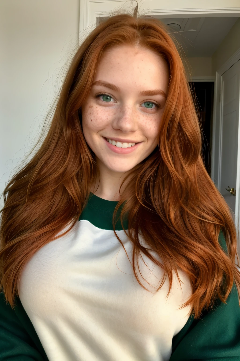 ((best quality)), ((masterpiece)), (detailed), perfect face, redhead, big breast, long hair, smiling, green eyes, freckles, wearing university sweater
