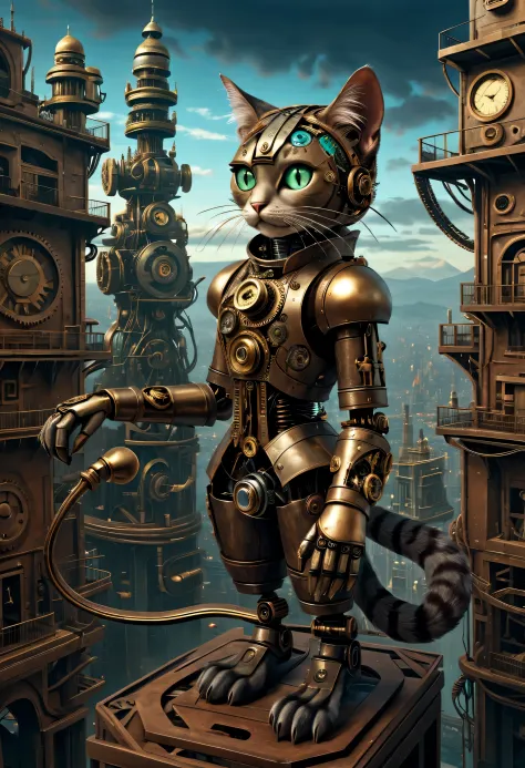 "(((mysterious feline automaton))) navigating a surreal, steampunk landscape, metallic limbs and gears, cyberpunk cityscape in t...