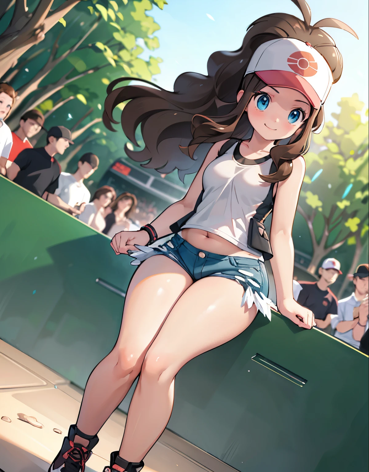 (best quality, highres, masterpiece:1.2), ultra-detailed, realistic:1.37, sketches, hilda pokemon, def1, curvy girl, legs together, curvy, visible thighs, chubby thighs, thighs in the foreground, body shape, sitting in a bench, into a stadium, watched by a crowd of men, they observe her body, vibrant colors, nervous look, fearful, afraid, timorous smile, looking_at_viewer, bis ass, wide hips, fullbody, (looking down:1.2), (shoot from below:1.1), dutch angle, she tries to hide her thighs with her hands