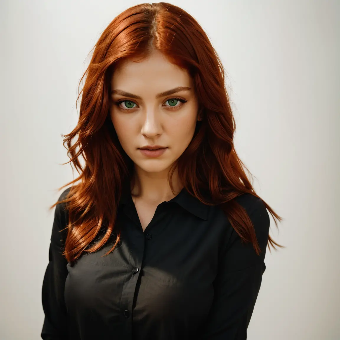 front view, looking at camera, raw photo,((black shirt:1.2)), ((portrait)),beautiful red hair 30 years old woman, green eyes, pe...