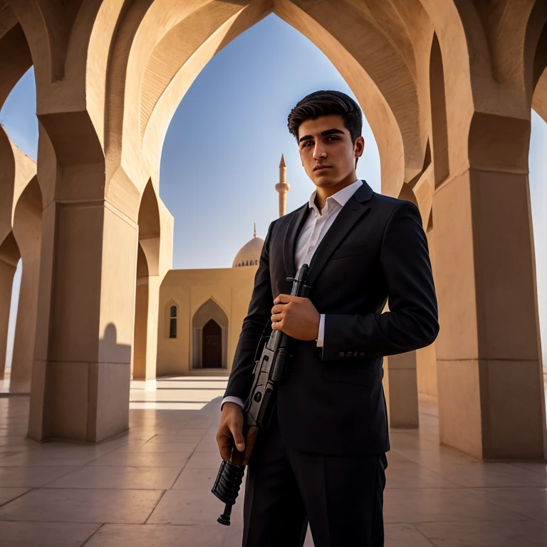 رجل يبلغ من العمر 20 عامًا، ذو عيون سوداء وشعر أسود، مسدس في يده اليمنى، خلفية مسجد أمير جخمق في يزد, إيران
