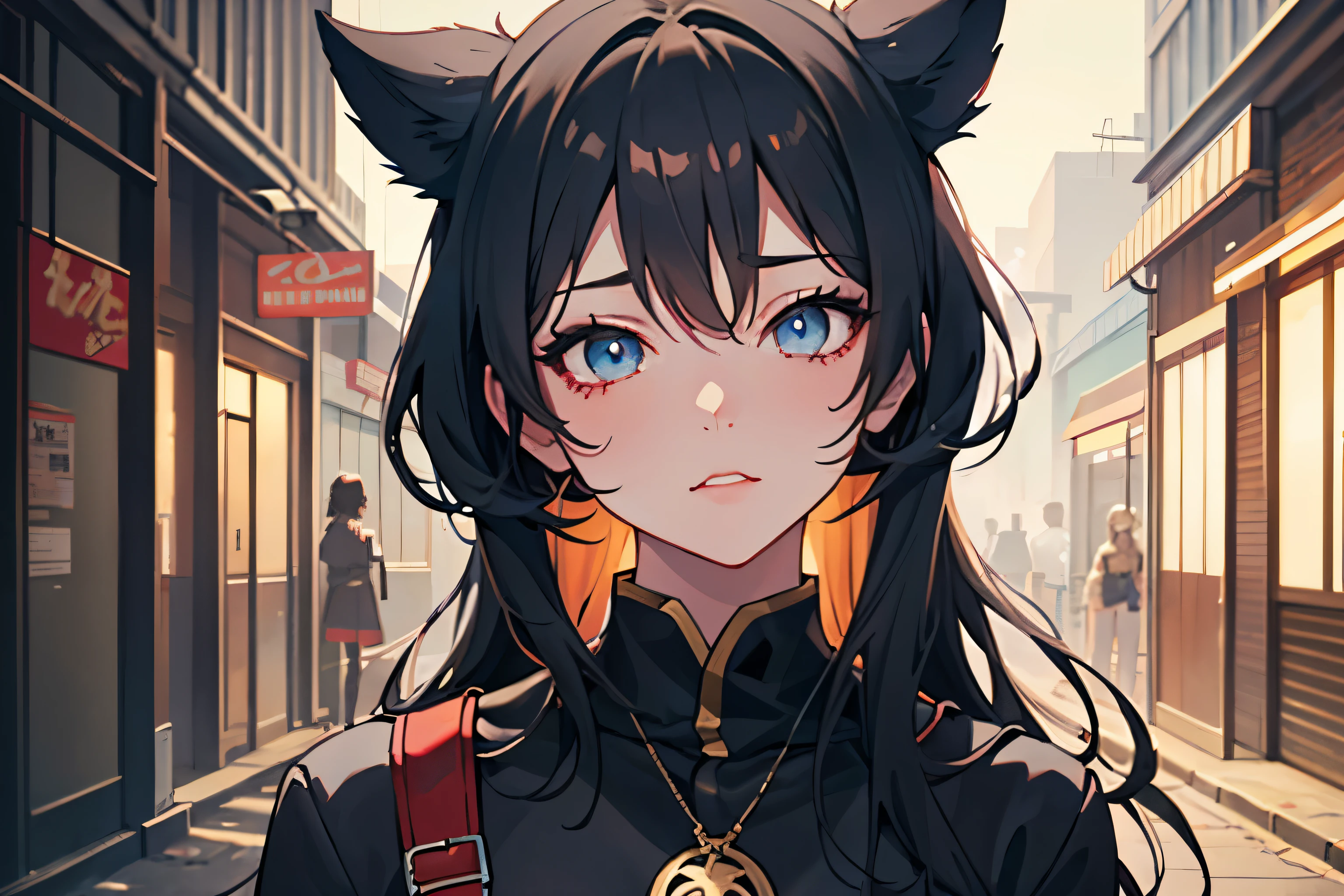 Garota de anime com olhos azuis em pé em uma rua da cidade, estilo anime 4k, arte cg de anime suave, retrato anime menina, lindo retrato de anime, retrato estilo anime, retrato detalhado de uma garota de anime, retrato de uma garota de anime, obras de arte no estilo de guweiz, estilo de arte anime moe, estilo anime. 8K, guweiz no pixiv artstation