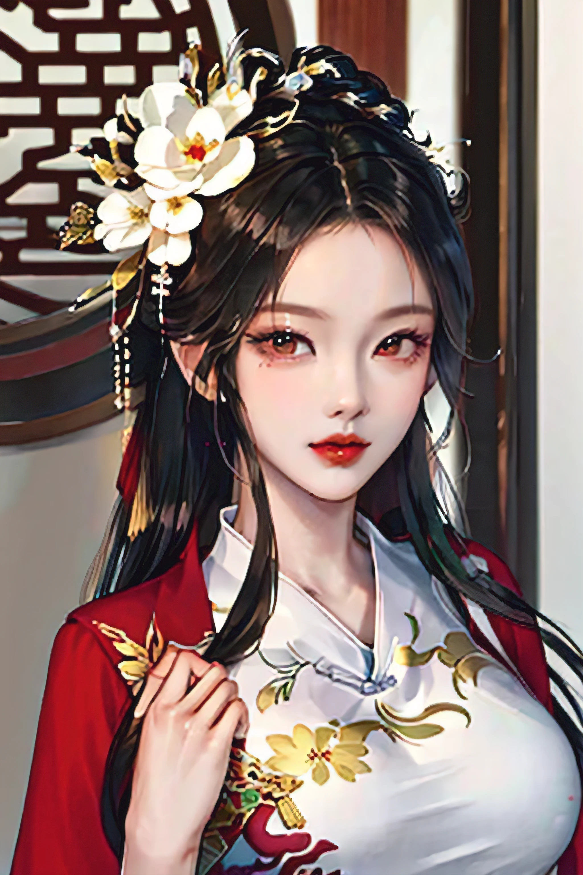 1 girl,Upper body,Robbery girls,cheongsam,Chinese clothes,hair flower,(masterpiece:1.4),(best quality:1.4),(shiny skin),red lips,looking at the audience,big breasts,open lips 