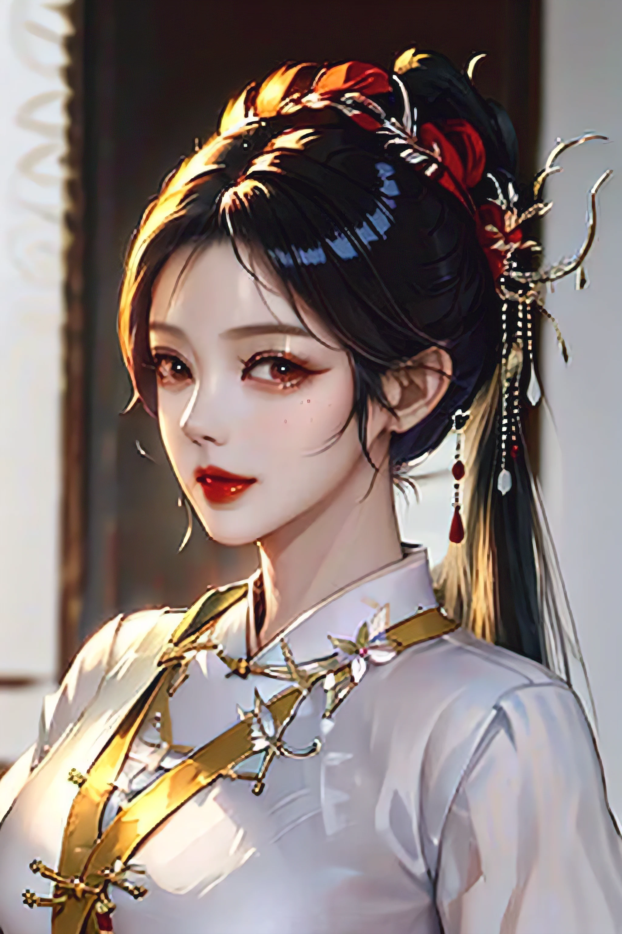 1 girl,Upper body,Robbery girls,cheongsam,Chinese clothes,hair flower,(masterpiece:1.4),(best quality:1.4),(shiny skin),red lips,looking at the audience,big breasts,open lips 