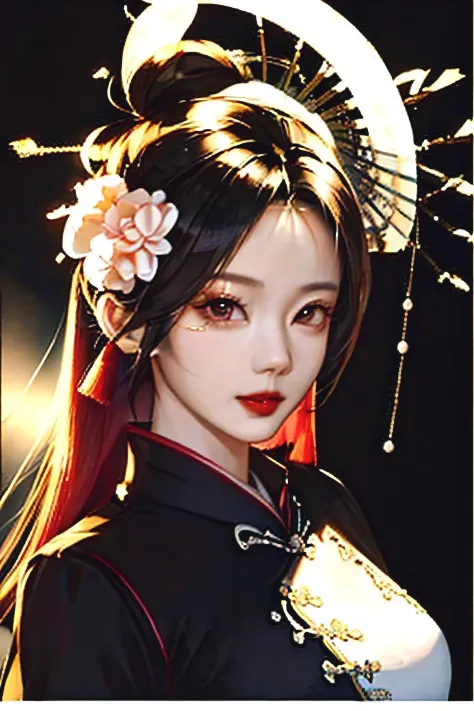 1 girl,Upper body,Robbery girls,cheongsam,Chinese clothes,hair flower,(masterpiece:1.4),(best quality:1.4),(shiny skin),red lips...