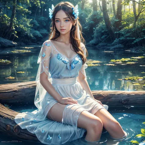 (best quality,ultra-detailed),(realistic:1.37),transparent water,blue butterfly,beautiful detailed eyes,beautiful detailed lips,sparkling,airy,ethereal,soft sunlight,calm,serene,white gauze skirt,vivid colors, sitting on a log