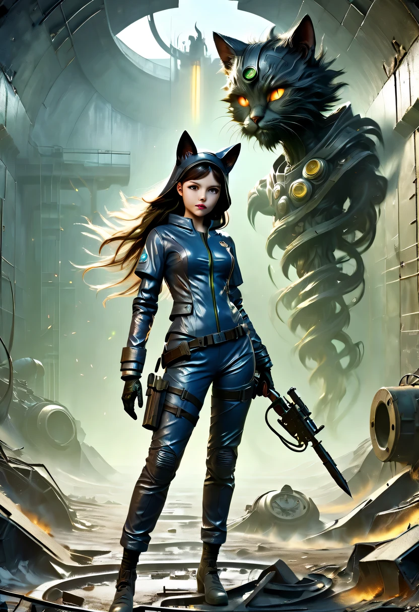 A woman in a cat suit standing in front of a giant cat - SeaArt AI