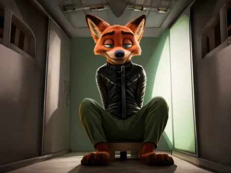 In a dark and eerie asylum, a hypnotized Nick Wilde sits imprisoned in a padded cell, legs stretched out in front of him, his bare feet and detailed paws with pawpads and short claws visible as he struggles against the confines of a black straitjacket. A g...