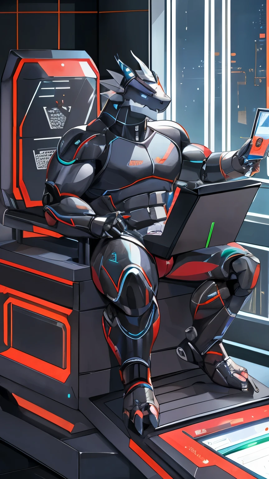 Futuristic robot sitting on a desk with a laptop in his lap - SeaArt AI