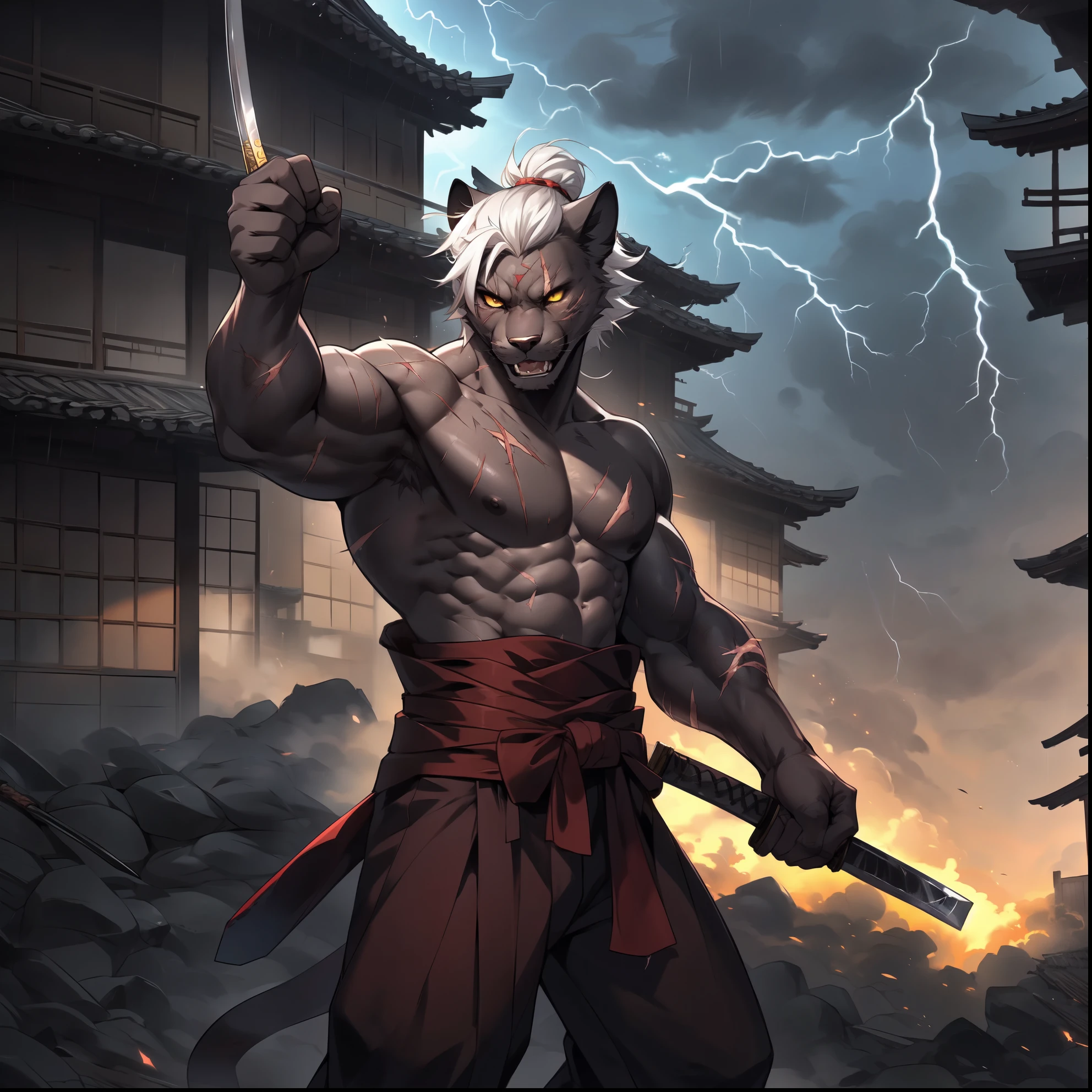 Solo, cute black panther male, yellow eyes, snout, masculine, muscular, white hair, top knot hair, snarling, feline teeth, scar on left eye, scars and cut wounds on body, shirtless, wearing red hakama pants, muscles flexing, holding katana sword by the handle, elegant katana, in a dark destroyed Japanese village, thunderstorm, by fumiko, by hyattlen, by gudlmok99