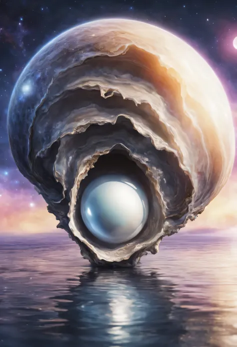 a beautiful unknown planet in the shape of an oyster with eyes, with around it a moon in the shape and color of a pearl, very realistic, detailed and futuristic, with the galaxy behind