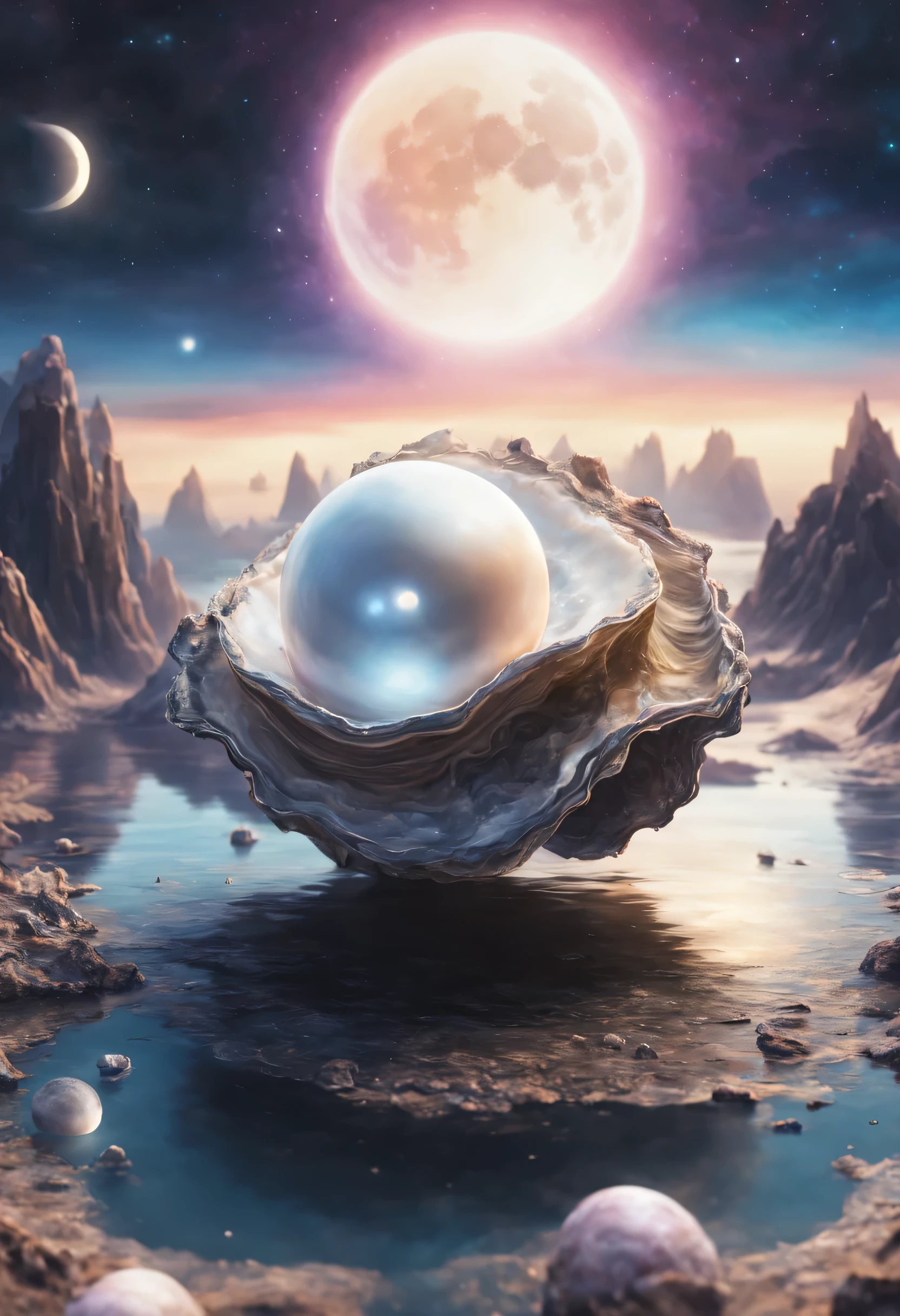 a beautiful unknown planet in the shape of an oyster with eyes, with around it a moon in the shape and color of a pearl, very realistic, detailed and futuristic, with the galaxy behind