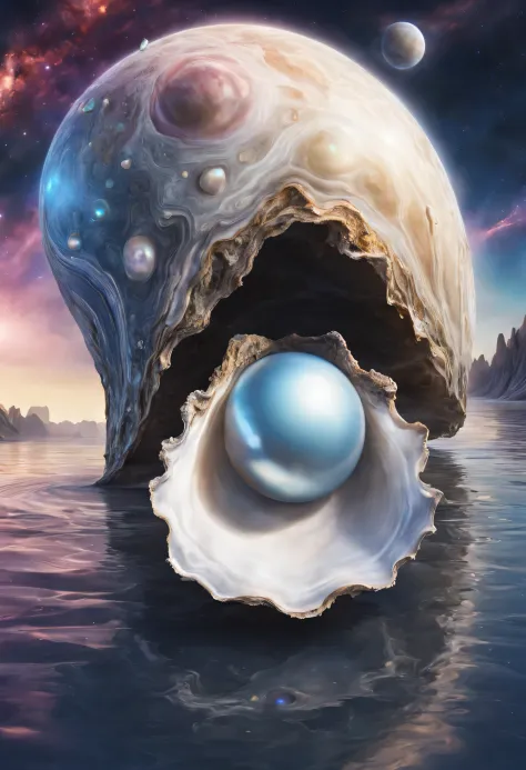 a magnificent unknown planet in the shape of an oyster, with around it a moon in the shape and color of a pearl, very realistic, detailed and futuristic, with the galaxy behind