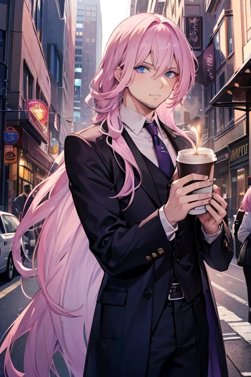 A muscular blonde haired male detective with blue eyes with long hair and a dark beard is drinking a coffee with a pink haired female detective with violet eyes  on the street of a busy city
