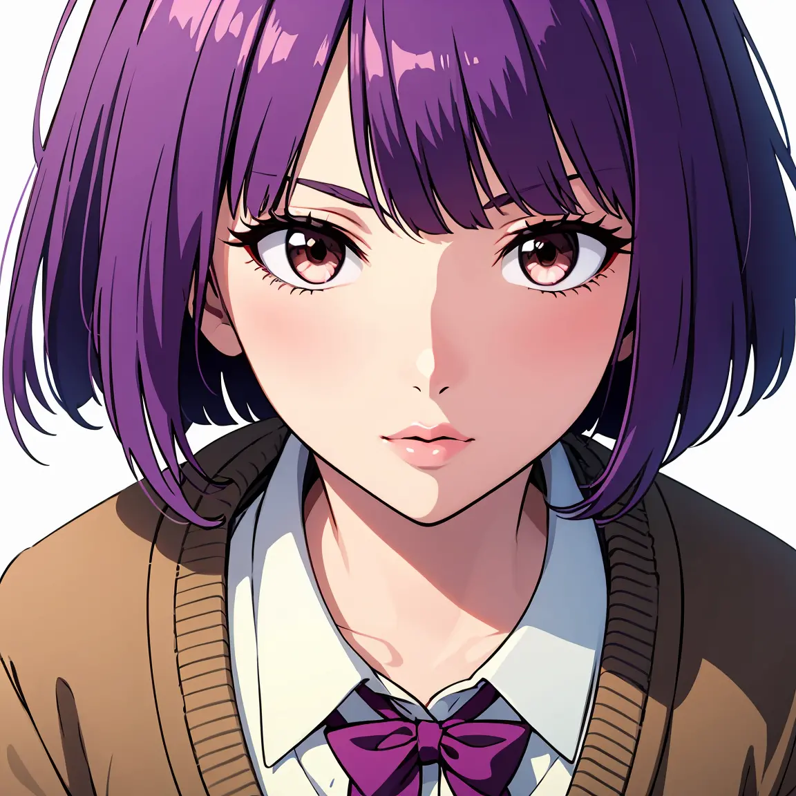 Purple hair, brown eyes, Bob cut, cardigan uniform, anime style, young adult, plain background, white background, {1 girl}, (clo...