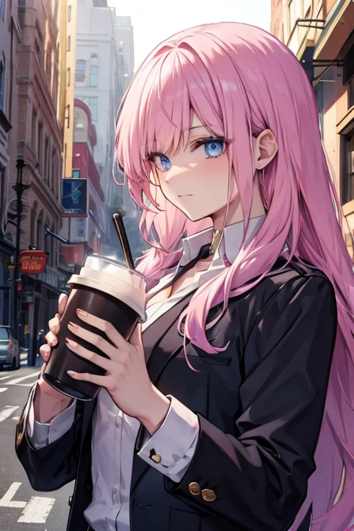 A muscular blonde haired male detective with blue eyes with long hair and a dark beard is drinking a coffee with a pink haired female detective with violet eyes on the street of a busy city
