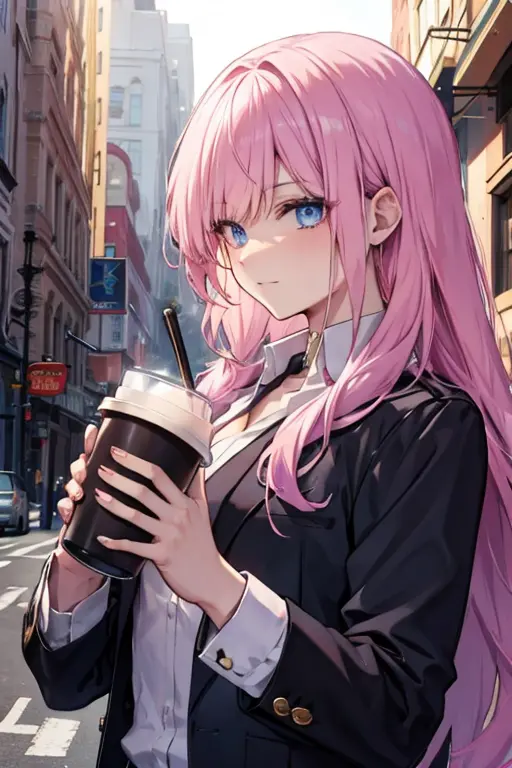 a muscular blonde haired male detective with blue eyes with long hair and a dark beard is drinking a coffee with a pink haired f...