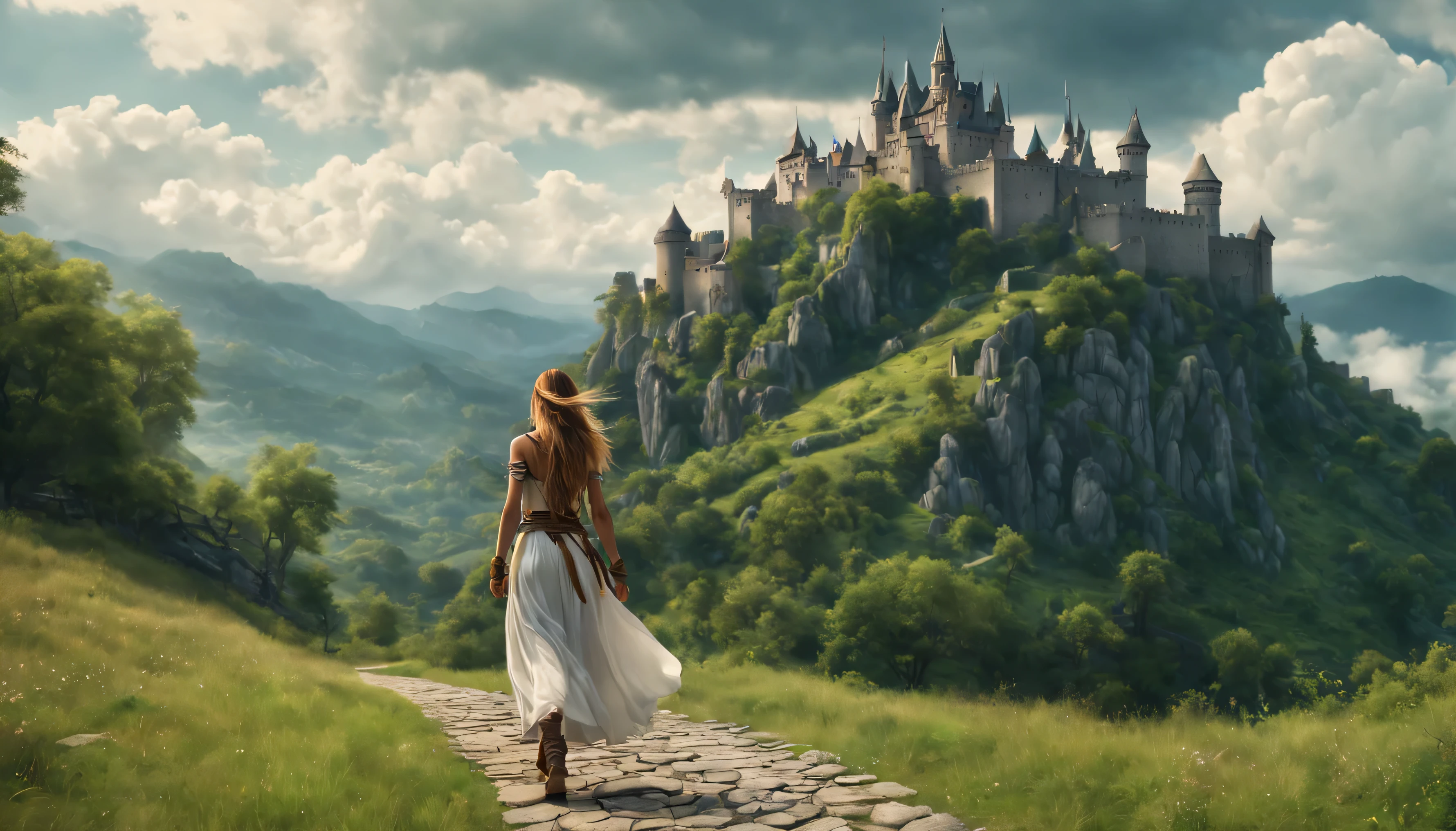 Seitenansicht: Ein Kriegermädchen mit langen Haaren geht den Weg entlang, Blick auf die Burg auf dem Berg, mystische Sommerstimmung, dicke, flauschige Wolken hängen tief am Fuße des Berges, schöne Landschaft, absurd, Meisterwerk, hohe Detailgenauigkeit, schwierig, 8K, 4KUHD, HDR, Kinoqualität
