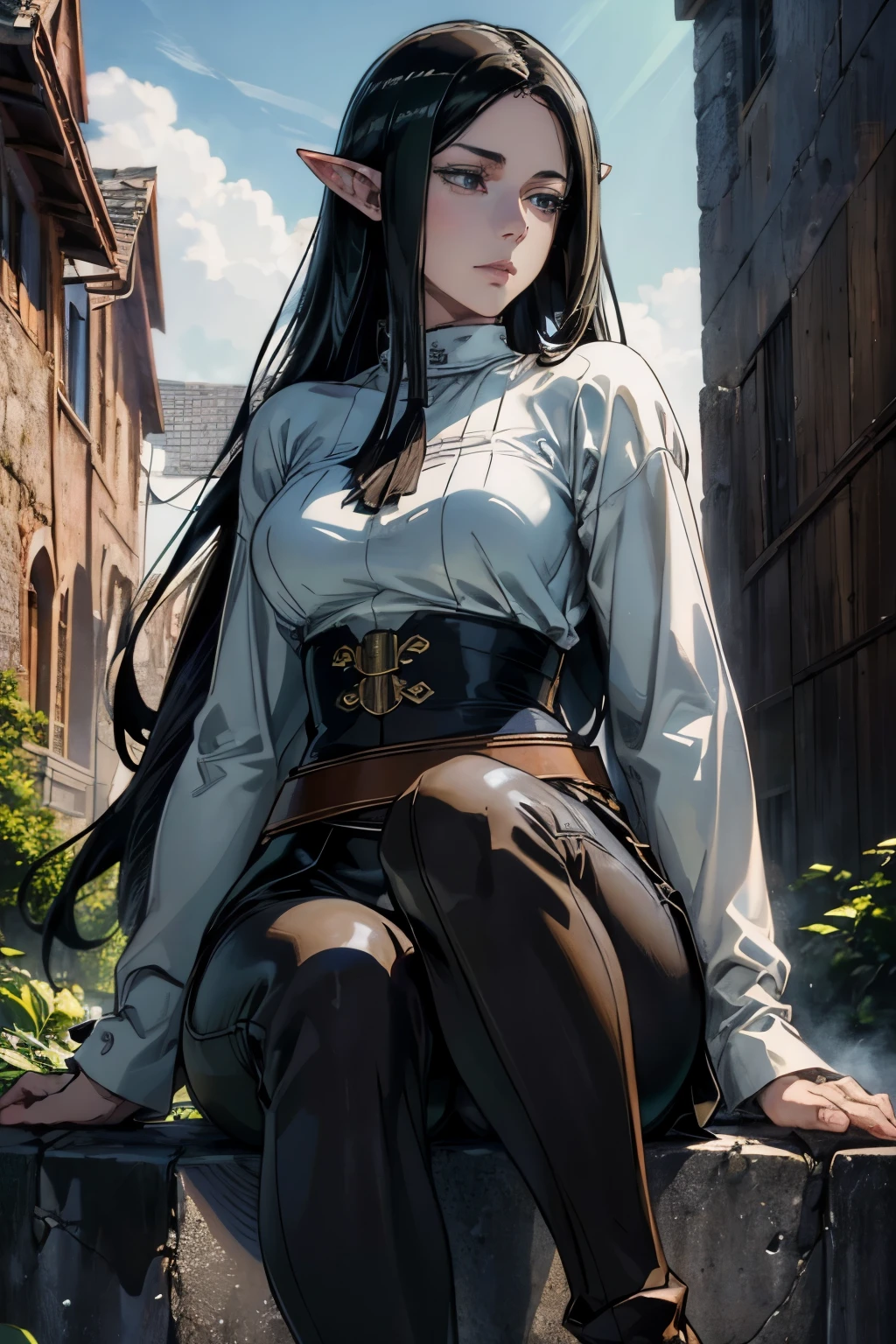 Anime girl sitting on a wall with a sword in her hand - SeaArt AI