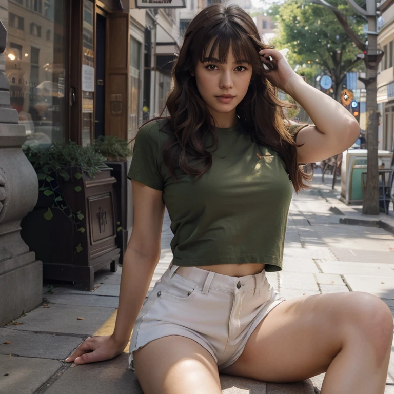 8K, Masterpiece, Best Quality, RAW Photo, Photorealistic, Depth of Field, Cinematic Lighting, Lens Flare, Ray Tracing, Highly Detailed, Ultra Realistic, 1girl, street, Asian, medium wavy brown hair, bangs, green shirt, white shorts, solid tight breast, no underwear