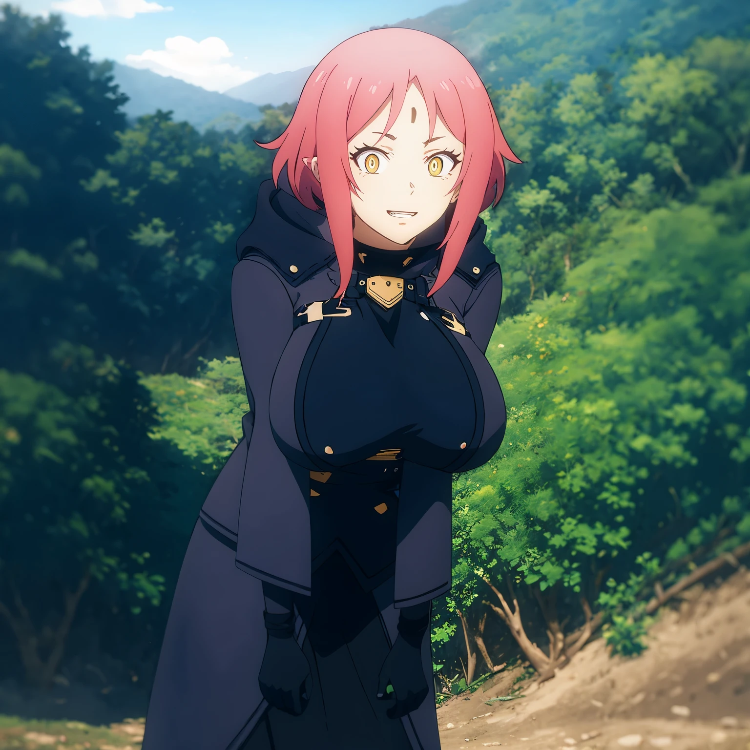 Anime girl in black coat with pink hair and black gloves - SeaArt AI