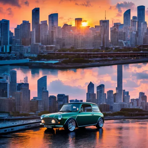 As the sun sets over the horizon, a 1970 bordeaux austin mini with larg wings and wheels chugs along the roads, its vibrant colors reflecting off the calm waters of the river below.  the enhanced details make every aspect of the car and its surroundings po...