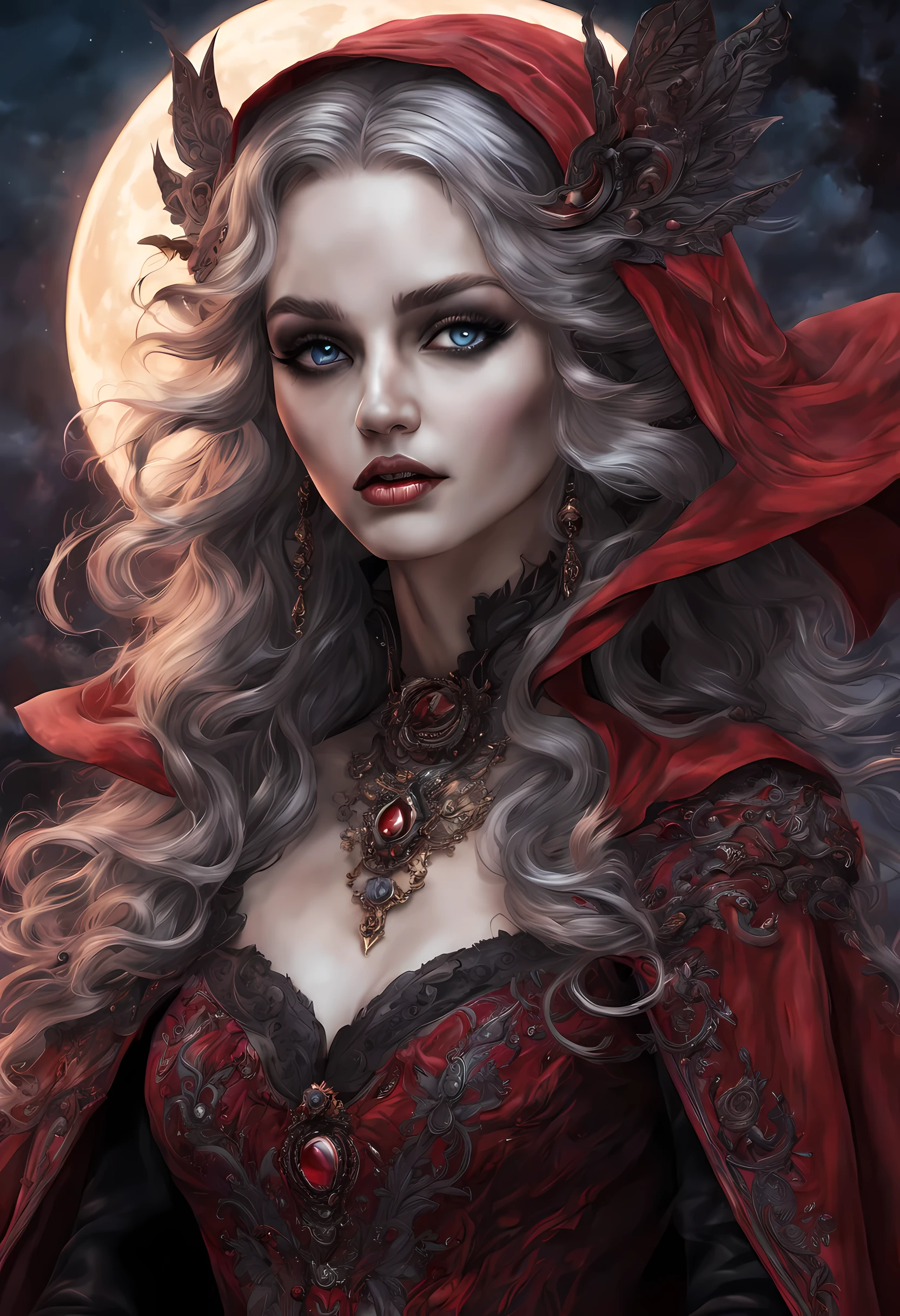 fantasy art, gothic art, (masterpiece:1.5), full body best details, highly detailed, best quality, Glowing Purple, highres, full body portrait of a vampire, elf (Masterpiece, best quality: 1.6), ultra feminine, wizard, (intricate details, Masterpiece, best quality: 1.5) with a long curvy hair, light color hair, blue eyes, (fantasy art, Masterpiece, best quality), ((beautiful delicate face)), Ultra Detailed Face (intricate details, fantasy art, Masterpiece, best quality: 1.5), [[vampiric fangs 1.5]] (red cloak: 1.3) , flowing cloak (intricate details, fantasy art, Masterpiece, best quality: 1.3), wearing an intricate black dress (intricate details, fantasy art, Masterpiece, best quality: 1.5), high heeled boots, urban background (intense details, beat details), fantasy, at night light, natural ,moon light, clouds, gothic atmosphere, soft light, dynamic light, [[anatomically correct]], high details, best quality, 8k, [ultra detailed], masterpiece, best quality, (extremely detailed), dynamic angle