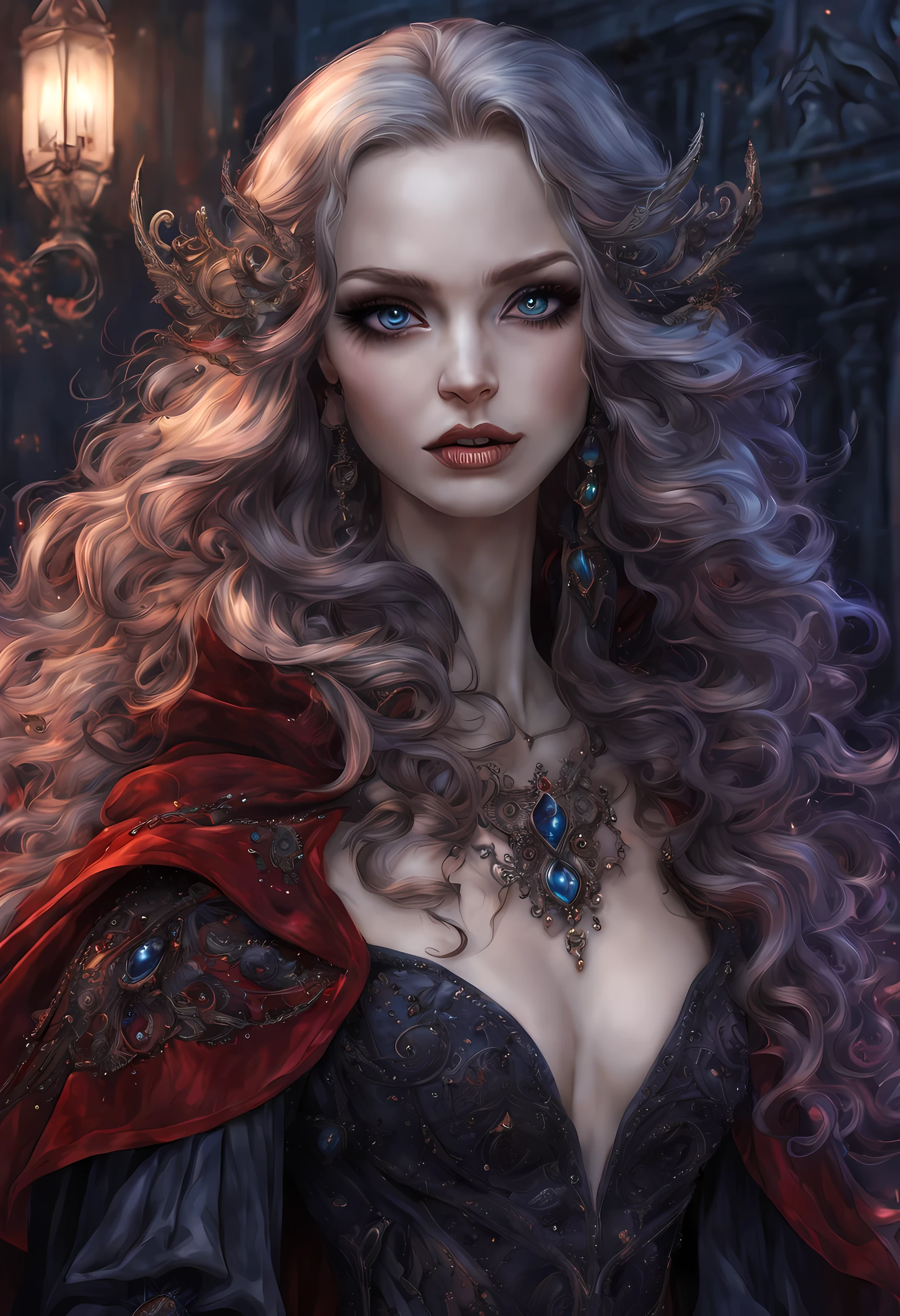 fantasy art, gothic art, (masterpiece:1.5), full body best details, highly detailed, best quality, Glowing Purple, highres, full body portrait of a vampire, elf (Masterpiece, best quality: 1.6), ultra feminine, wizard, (intricate details, Masterpiece, best quality: 1.5) with a long curvy hair, light color hair, blue eyes, (fantasy art, Masterpiece, best quality), ((beautiful delicate face)), Ultra Detailed Face (intricate details, fantasy art, Masterpiece, best quality: 1.5), [[vampiric fangs 1.5]] (red cloak: 1.3) , flowing cloak (intricate details, fantasy art, Masterpiece, best quality: 1.3), wearing an intricate black dress (intricate details, fantasy art, Masterpiece, best quality: 1.5), high heeled boots, urban background (intense details, beat details), fantasy, at night light, natural ,moon light, clouds, gothic atmosphere, soft light, dynamic light, [[anatomically correct]], high details, best quality, 8k, [ultra detailed], masterpiece, best quality, (extremely detailed), dynamic angle