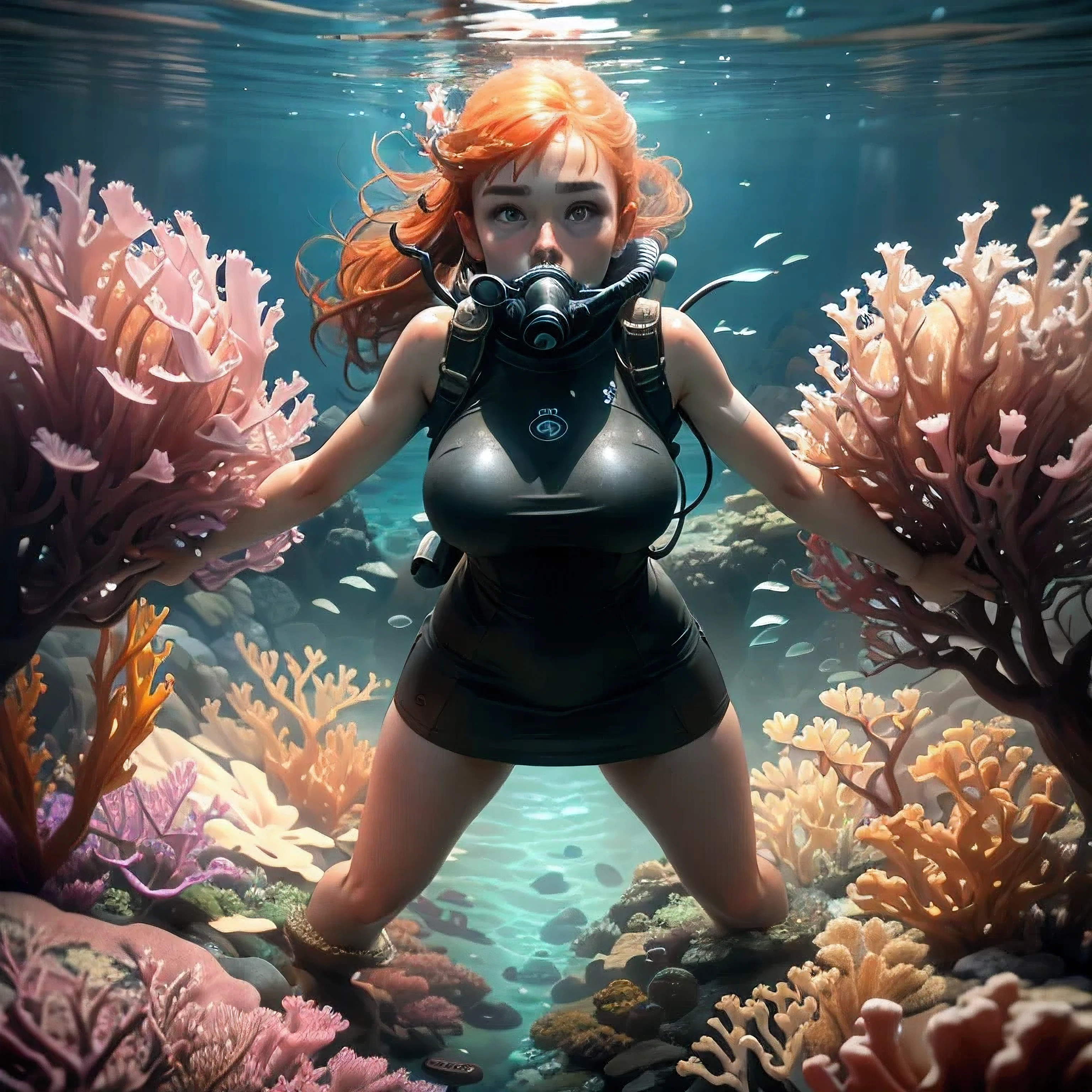 (Masterpiece, Best Quality:1.3), highres, (8k resolution), (ultra-detailed:1.1), madgod, stop motion, very nice redhead girl with enormous visible breasts plays with her satisfier toy underwater on the bottom of the ocean with loads of coral around her. She is wearing a white, very short dress that shines through underwater. she is wearing divers gear to stay underwater. photorealistic 1.4, naughty 1.4, dirty 1.2