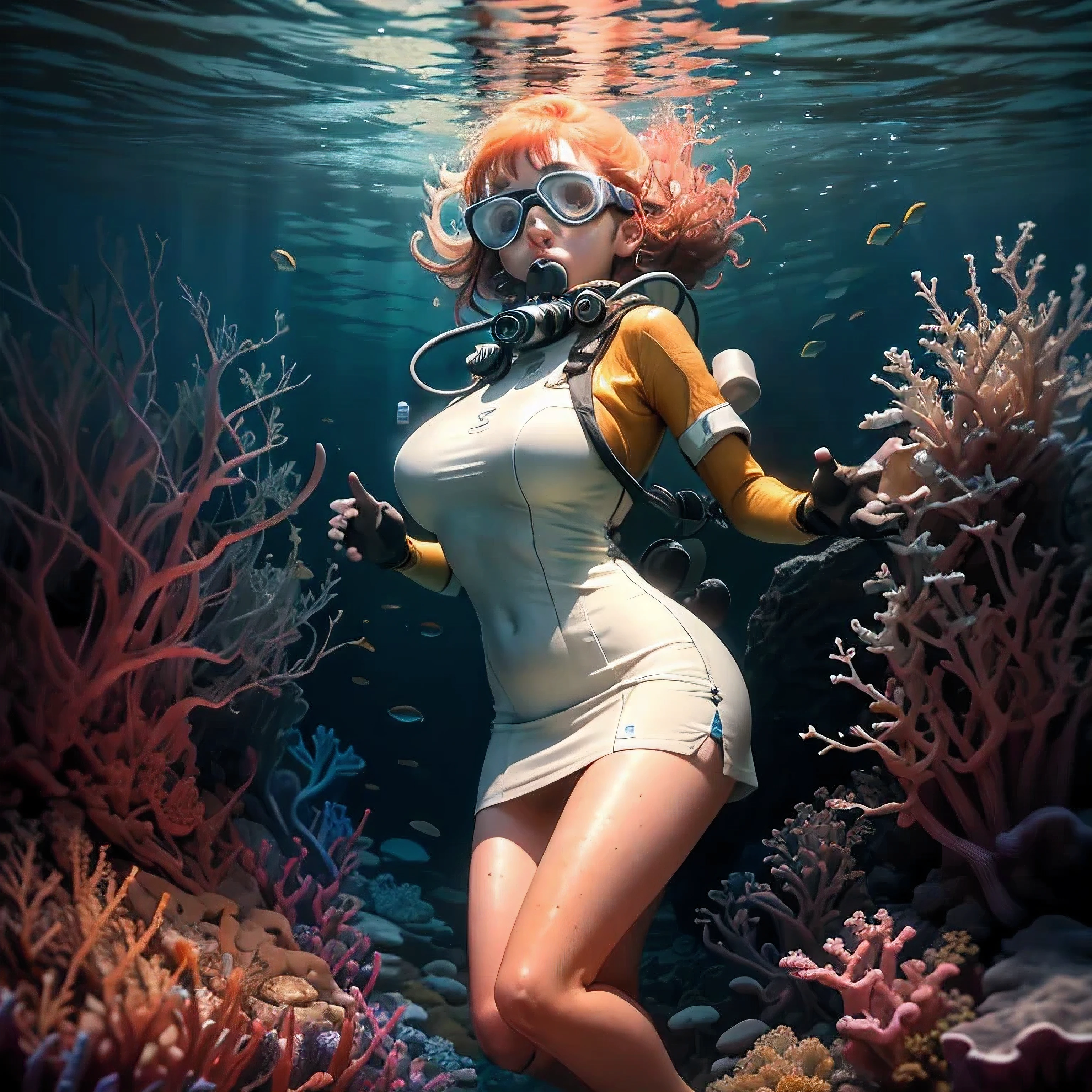 There is a woman in a scuba suit and goggles swimming in the ocean - SeaArt  AI