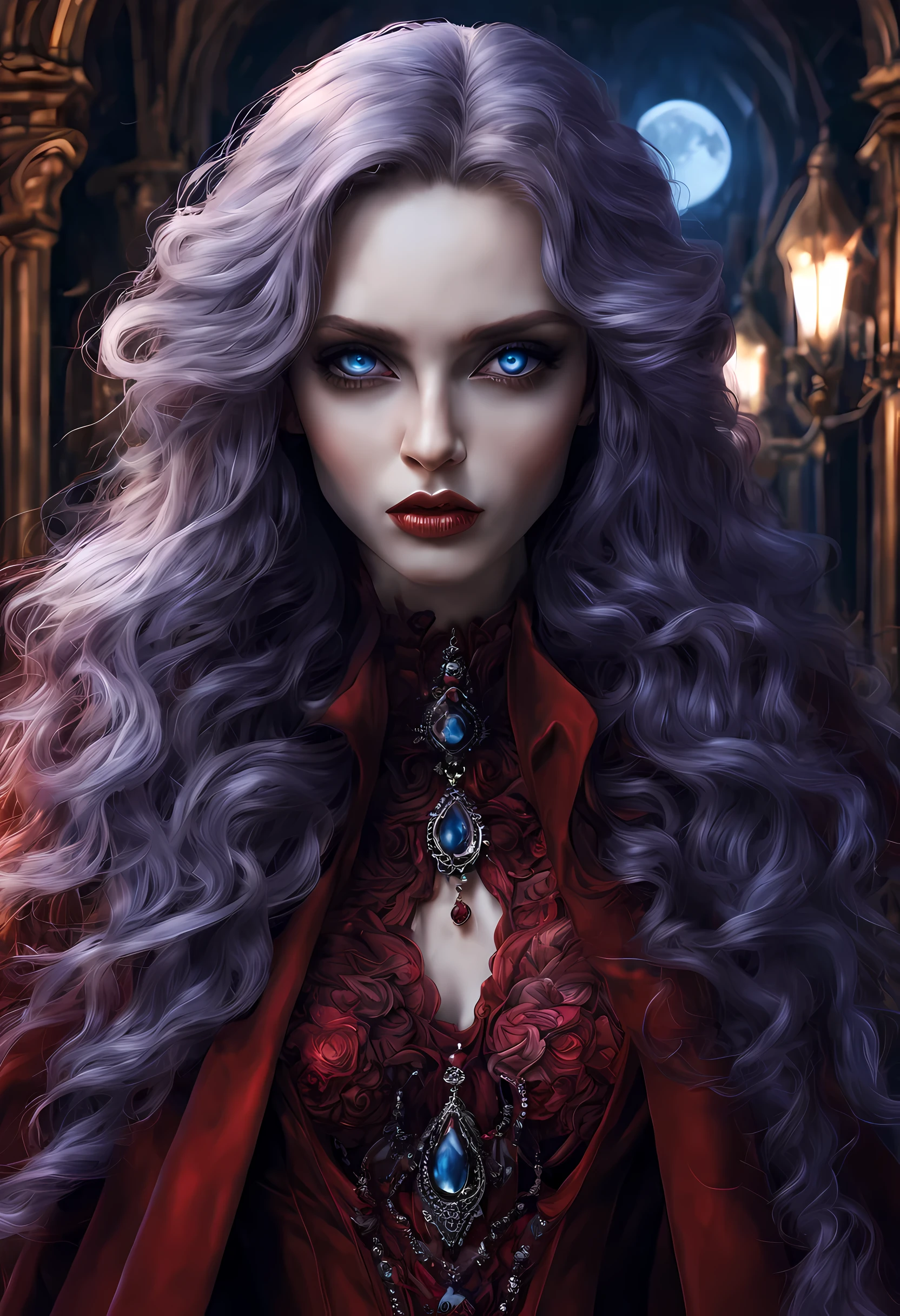 fantasy art, gothic art, (masterpiece:1.5), full body best details, highly detailed, best quality, Glowing Purple, highres, full body portrait of a vampire, elf (Masterpiece, best quality: 1.6), ultra feminine, wizard, (intricate details, Masterpiece, best quality: 1.5) with a long curvy hair, light color hair, blue eyes, (fantasy art, Masterpiece, best quality), ((beautiful delicate face)), Ultra Detailed Face (intricate details, fantasy art, Masterpiece, best quality: 1.5), [[vampiric fangs 1.5]] (red cloak: 1.3) , flowing cloak (intricate details, fantasy art, Masterpiece, best quality: 1.3), wearing an intricate black dress (intricate details, fantasy art, Masterpiece, best quality: 1.5), high heeled boots, urban background (intense details, beat details), fantasy, at night light, natural ,moon light, clouds, gothic atmosphere, soft light, dynamic light, [[anatomically correct]], high details, best quality, 8k, [ultra detailed], masterpiece, best quality, (extremely detailed), dynamic angle