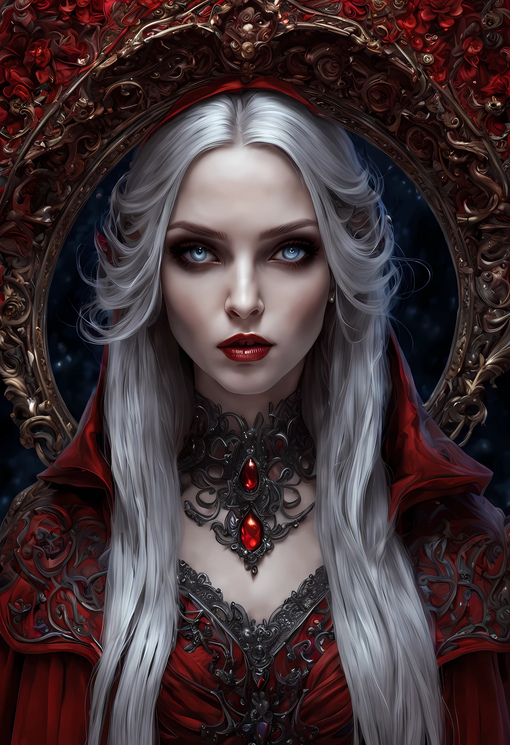 fantasy art, gothic art, (masterpiece:1.5), full body best details, highly detailed, best quality, Glowing Purple, highres, full body portrait of a vampire, elf (Masterpiece, best quality: 1.6), ultra feminine, wizard, (intricate details, Masterpiece, best quality: 1.5) with a long curvy hair, light color hair, blue eyes, (fantasy art, Masterpiece, best quality), ((beautiful delicate face)), Ultra Detailed Face (intricate details, fantasy art, Masterpiece, best quality: 1.5), [[vampiric fangs 1.5]] (red cloak: 1.3) , flowing cloak (intricate details, fantasy art, Masterpiece, best quality: 1.3), wearing an intricate black dress (intricate details, fantasy art, Masterpiece, best quality: 1.5), high heeled boots, urban background (intense details, beat details), fantasy, at night light, natural ,moon light, clouds, gothic atmosphere, soft light, dynamic light, [[anatomically correct]], high details, best quality, 8k, [ultra detailed], masterpiece, best quality, (extremely detailed), dynamic angle