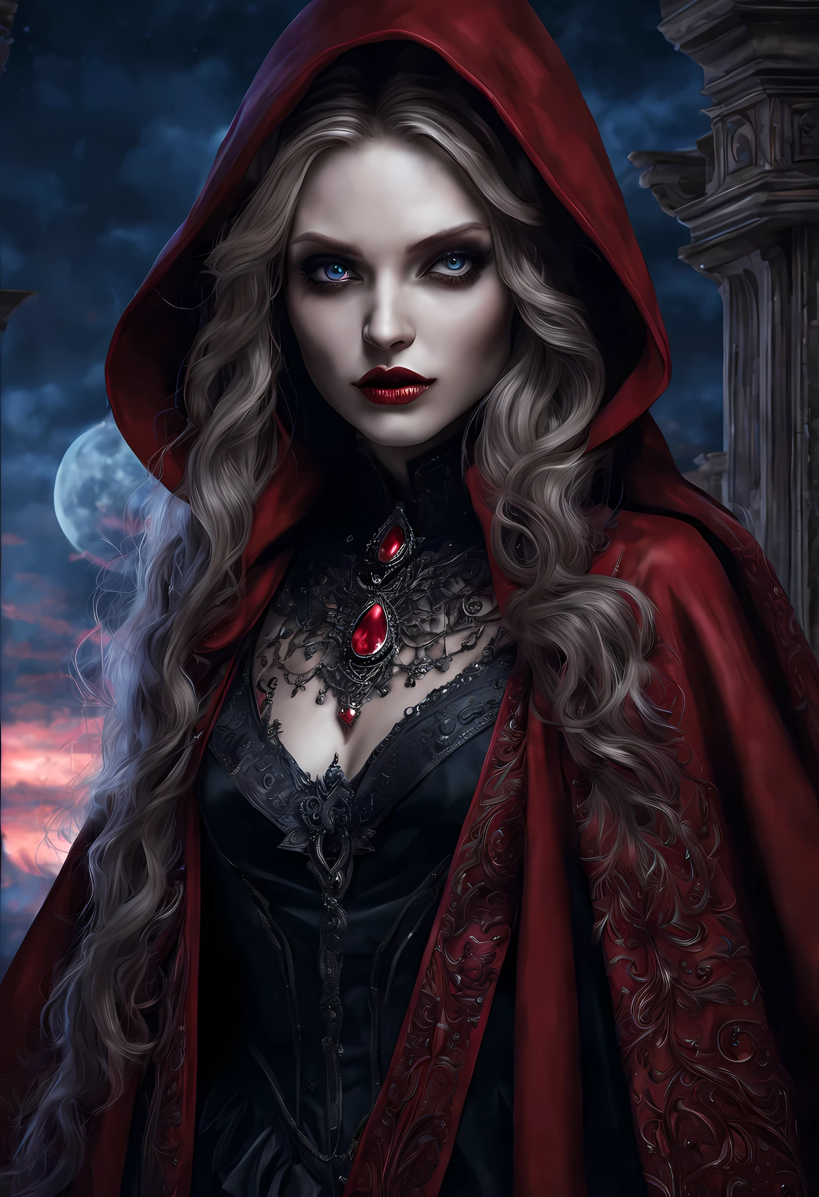 fantasy art, gothic art, (masterpiece:1.5), full body best details, highly detailed, best quality, Glowing Purple, highres, full body portrait of a vampire, elf (Masterpiece, best quality: 1.6), ultra feminine, wizard, (intricate details, Masterpiece, best quality: 1.5) with a long curvy hair, light color hair, blue eyes, (fantasy art, Masterpiece, best quality), ((beautiful delicate face)), Ultra Detailed Face (intricate details, fantasy art, Masterpiece, best quality: 1.5), [[vampiric fangs 1.5]] (red cloak: 1.3) , flowing cloak (intricate details, fantasy art, Masterpiece, best quality: 1.3), wearing an intricate black dress (intricate details, fantasy art, Masterpiece, best quality: 1.5), high heeled boots, urban background (intense details, beat details), fantasy, at night light, natural ,moon light, clouds, gothic atmosphere, soft light, dynamic light, [[anatomically correct]], high details, best quality, 8k, [ultra detailed], masterpiece, best quality, (extremely detailed), dynamic angle