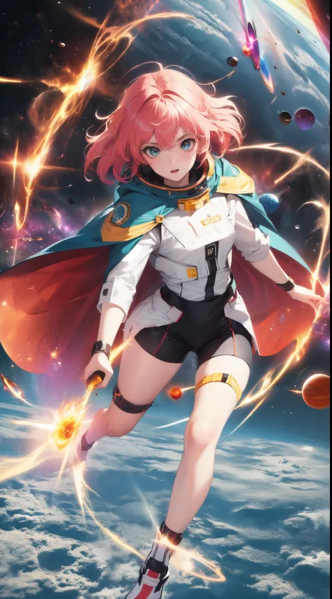 ((a girl with a hero&#39;s cape and an aura of energy around her body flying in outer space towards 2 colliding planets)), (obra...