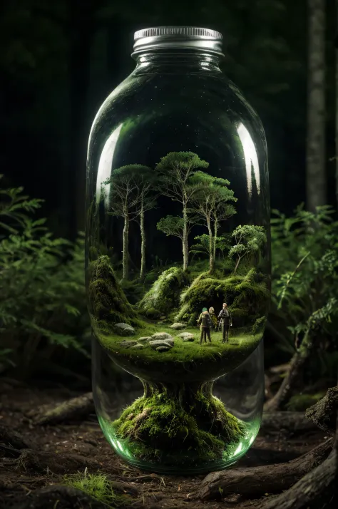 (an intricate forest minitown landscape trapped in a bottle), atmospheric oliva lighting, on the  table, 4k uhd, dark vibes, hyp...