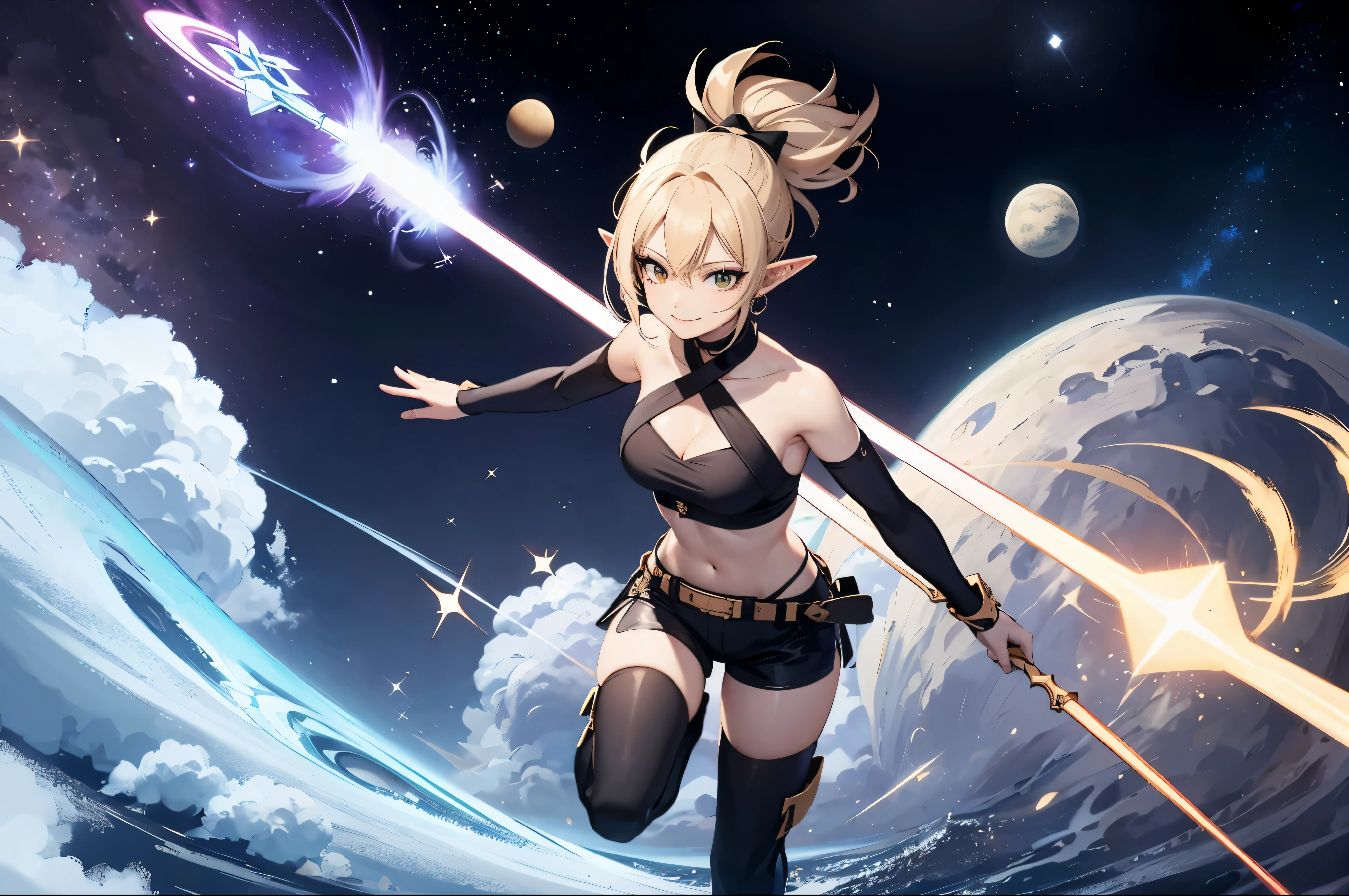 8k, uhd, masterpiece, full body, 1 woman, age25, elf, blonde, ponytail hairstyle, hair bow, dark green halter top, black spandex shorts, magic staff, perfect lighting, perfect shading, mature:1.4, magical background, starry background, space, planets,, stardust, glowing runes, dynamic pose 