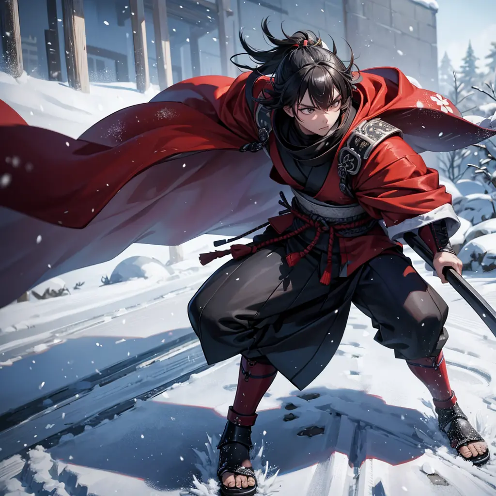 "[Samurai warrior] of [running away] fades away, overwhelmed by the snow. [Samurai warrior] disappears into the snow."