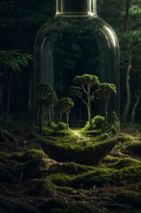 (An intricate forest minitown landscape trapped in a bottle), atmospheric oliva lighting, on the  table, 4k UHD, dark vibes, hyp...