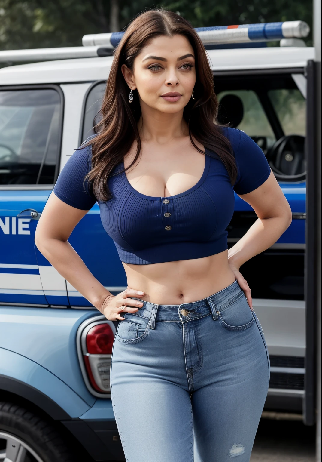 A woman in jeans and a blue top standing next to a police car - SeaArt AI