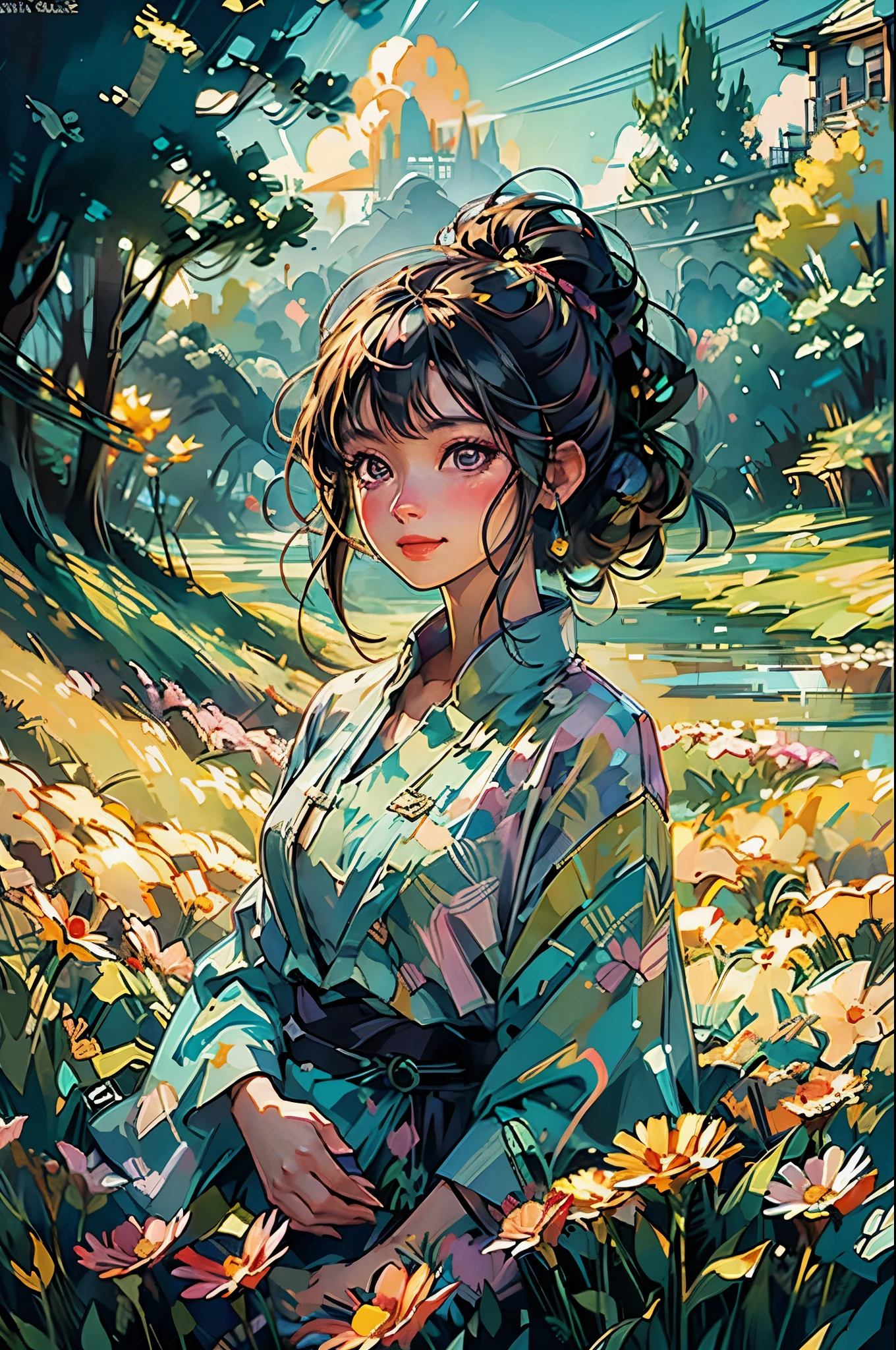 shui001,Masterpiece: 1.2, best quality, 1girl, field of daisy, vibrant, (happy:1.4),colorful details,ultra detailed,detailed lighting,\(\(inspired by Hayao Miyazaki\)\),official art,