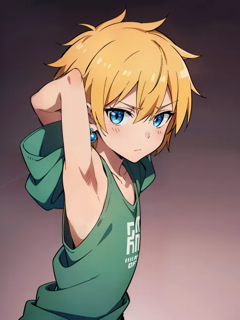 Anime style, Boy, Elf boy, Elf ear, (little boys), (Spread armpit), sleeveless hoodie, earrings, (very small and short stature), (very young boy), (very small and short body)