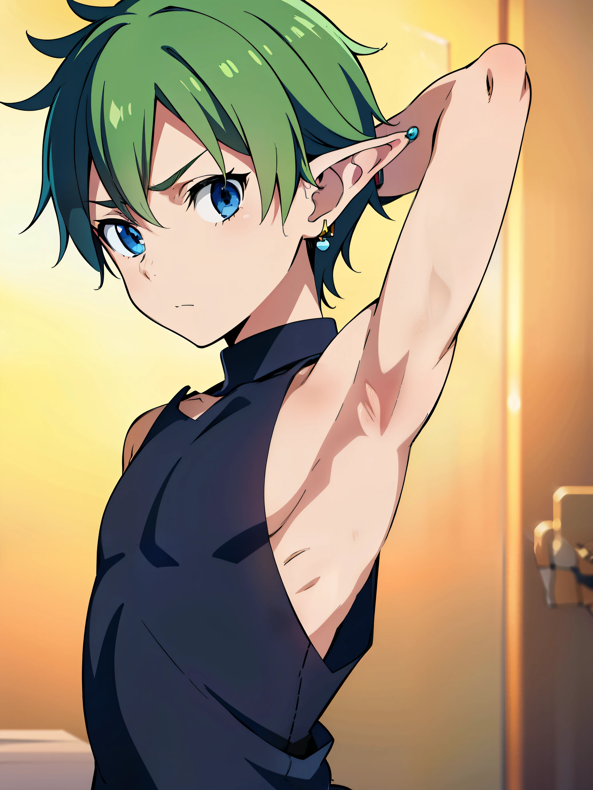 Anime character with green hair and blue eyes in a bathroom - SeaArt AI