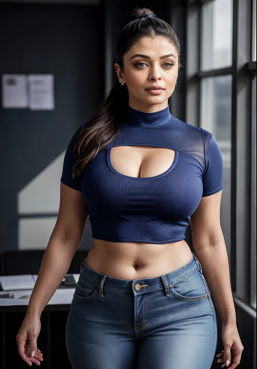 Anusha hot cleavage photos in blue top and jeans - SeaArt AI